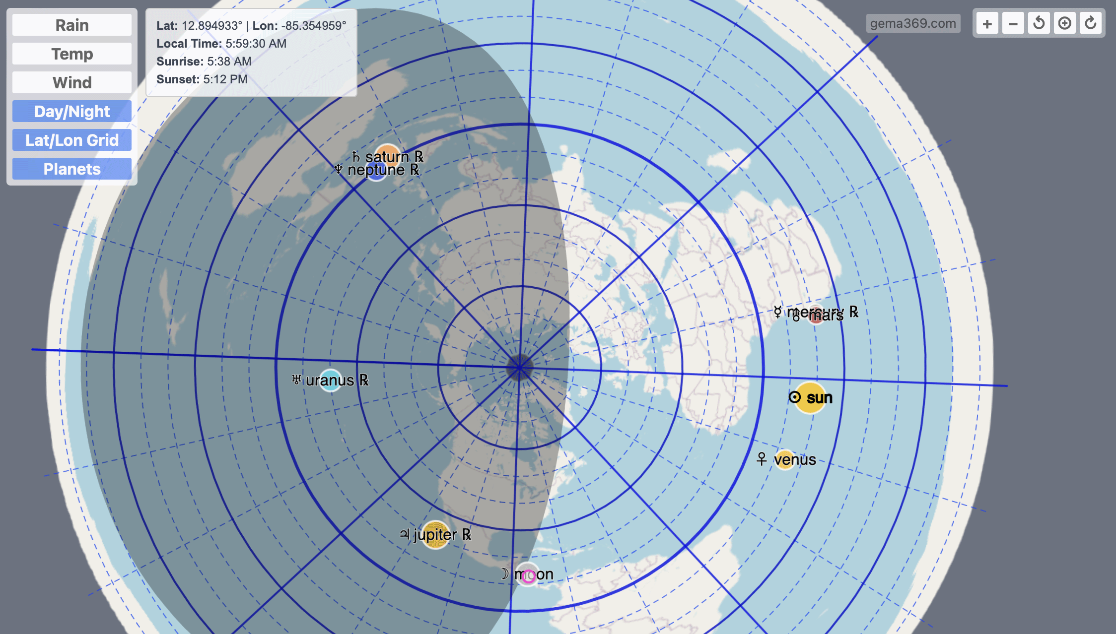 example map with planet locations on AE projection of the world alt text